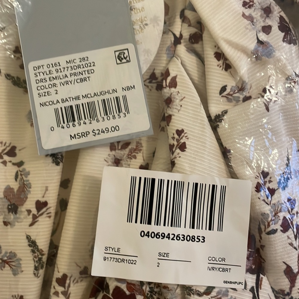 BRAND NWT ANTONIO MELANI Cream Floral Puff-Sleeve Dress with Burgundy Velve - Picture 3 of 4